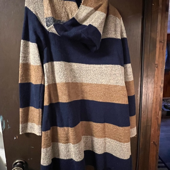 Striped Hooded Women's open front cardigan - Navy, Beige, and Brown - Picture 5 of 5